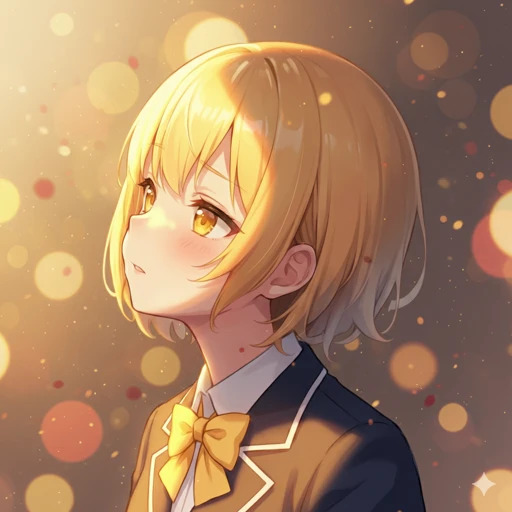 オレンジ色のボブヘアーと瞳が特徴的な女の子がドラマチックに光を浴びた横顔のイラスト