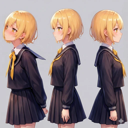 オレンジ色のボブヘアーと瞳が特徴的な女の子が、横から描かれたものが3つ並べられたイラスト