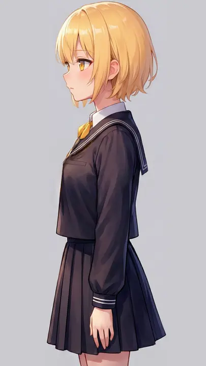 オレンジ色のボブヘアーと瞳が特徴的な女の子が、横から描かれたイラスト。ワイシャツとセーラー服という不思議な組み合わせの服を着ているが、セーラー服のリボンの部分が雑に消されている