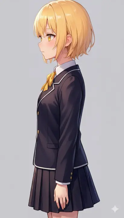 オレンジ色のボブヘアーと瞳が特徴的なブレザー姿の女の子が、横から描かれたイラスト