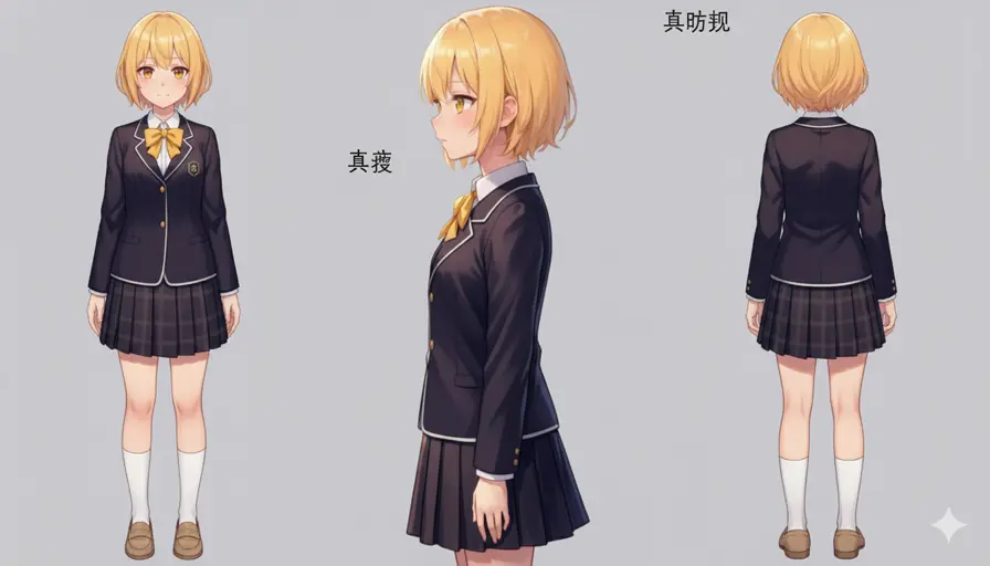 オレンジ色のボブヘアーと瞳が特徴的なブレザー姿の女の子が、正面、横、後ろから描かれたイラスト。ただし横から描かれた女の子のみ足先までは描かれておらず、また、不自然な文字も含まれている