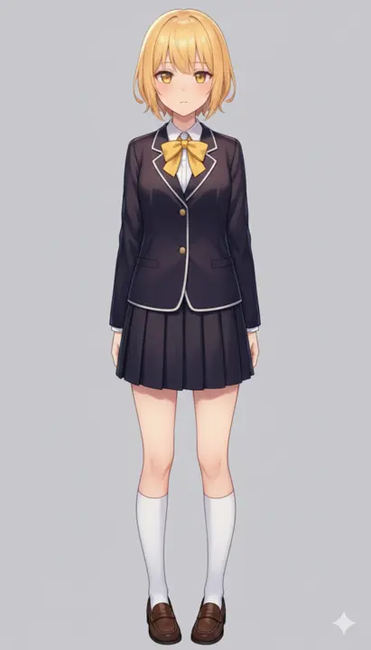 オレンジ色のボブヘアーと瞳が特徴的なブレザー姿の女の子が、正面から描かれたイラスト。足先までは描かれている