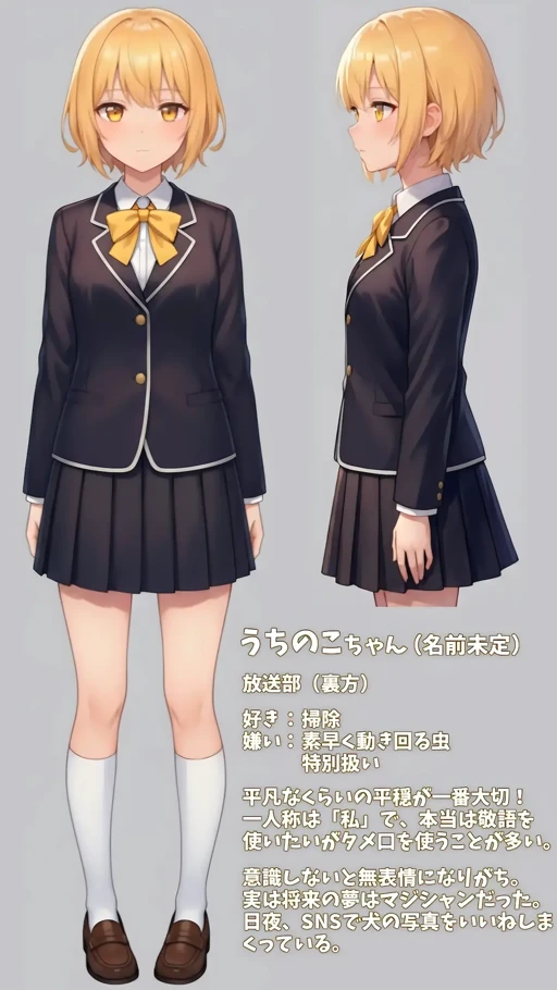 オレンジ色のボブヘアーと瞳が特徴的なブレザー姿の女の子(うちのこちゃん)についての設定資料